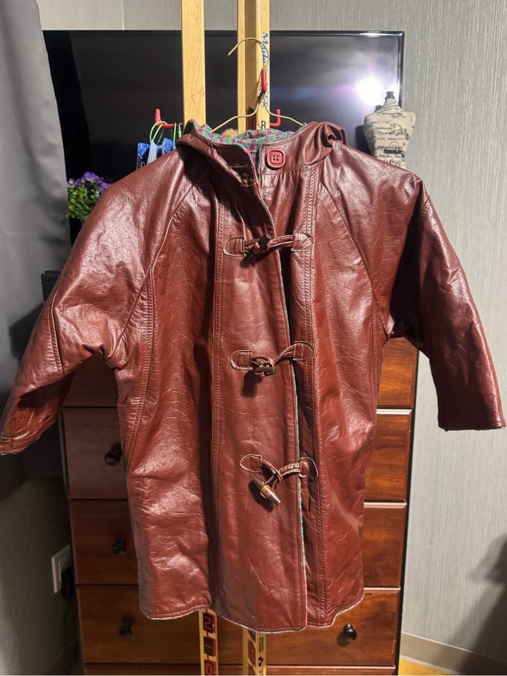 Kids' Vintage (60’s/70’s) Brown Leather? Hooded Coat with Plaid Lining